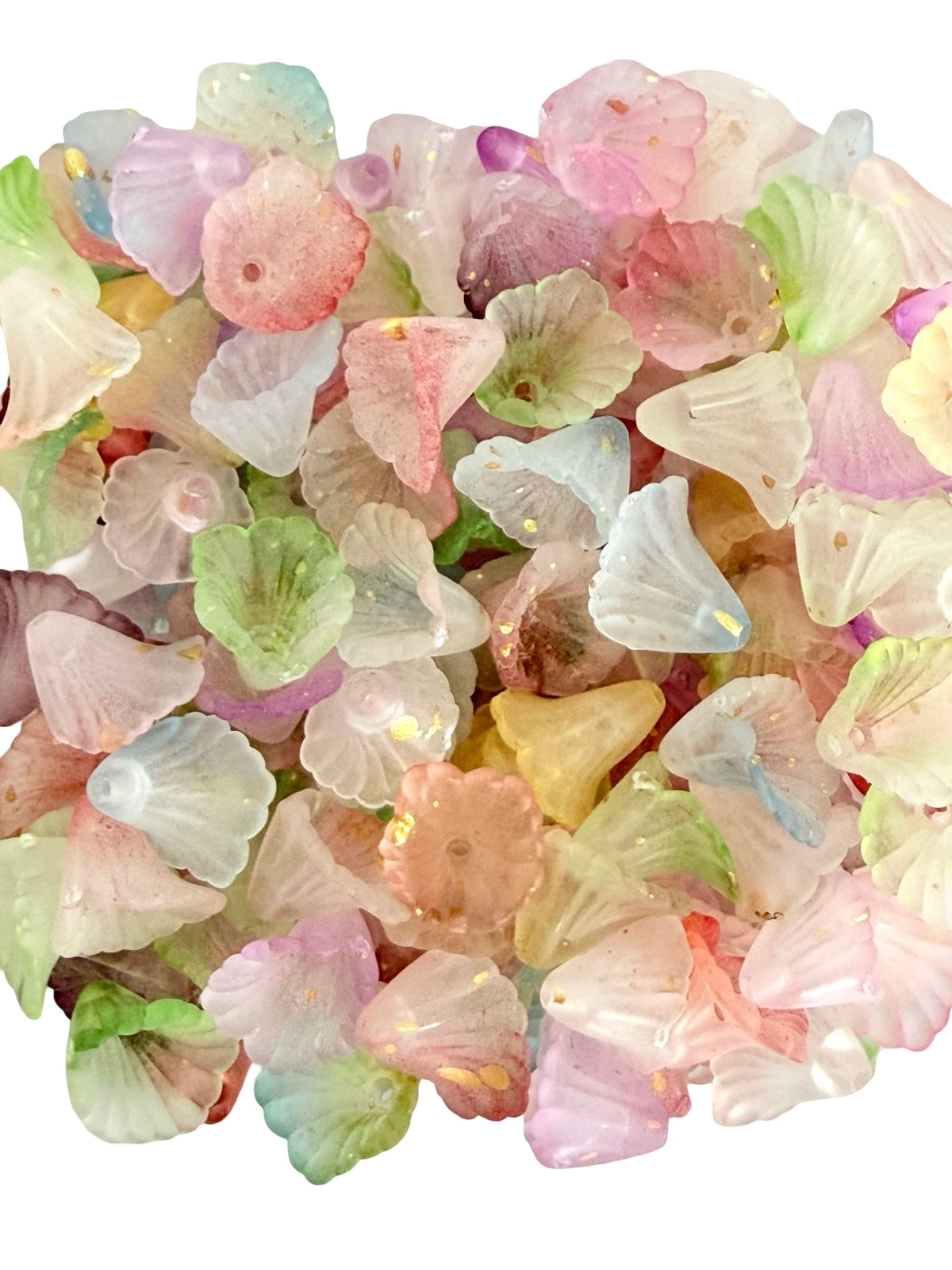 11mm Small Acrylic Trumpet Flower Beads • Random Mix Colors • Transparent or Frosted with Gold Dust • Mini Floral Beads for Jewelry Making & Crafts