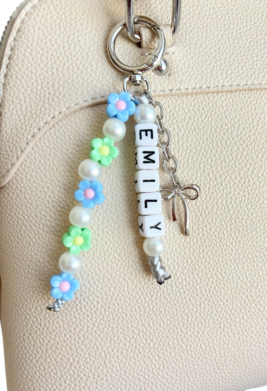 Personalized Flower Bag Charm with Acrylic Letter Beads and Faux Pearls • Beaded Purse Charm • Clip-On Bag Accessory