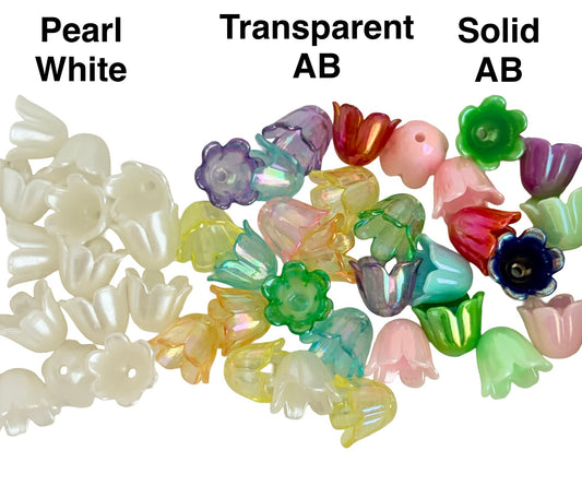 Acrylic Tulip Flower Beads • Pearl White, Transparent AB or Solid AB Colors, Floral Beads for Jewelry Making