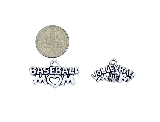 Base Metal Sports Mom Charms (Baseball Mom OR Volleyball Mom)