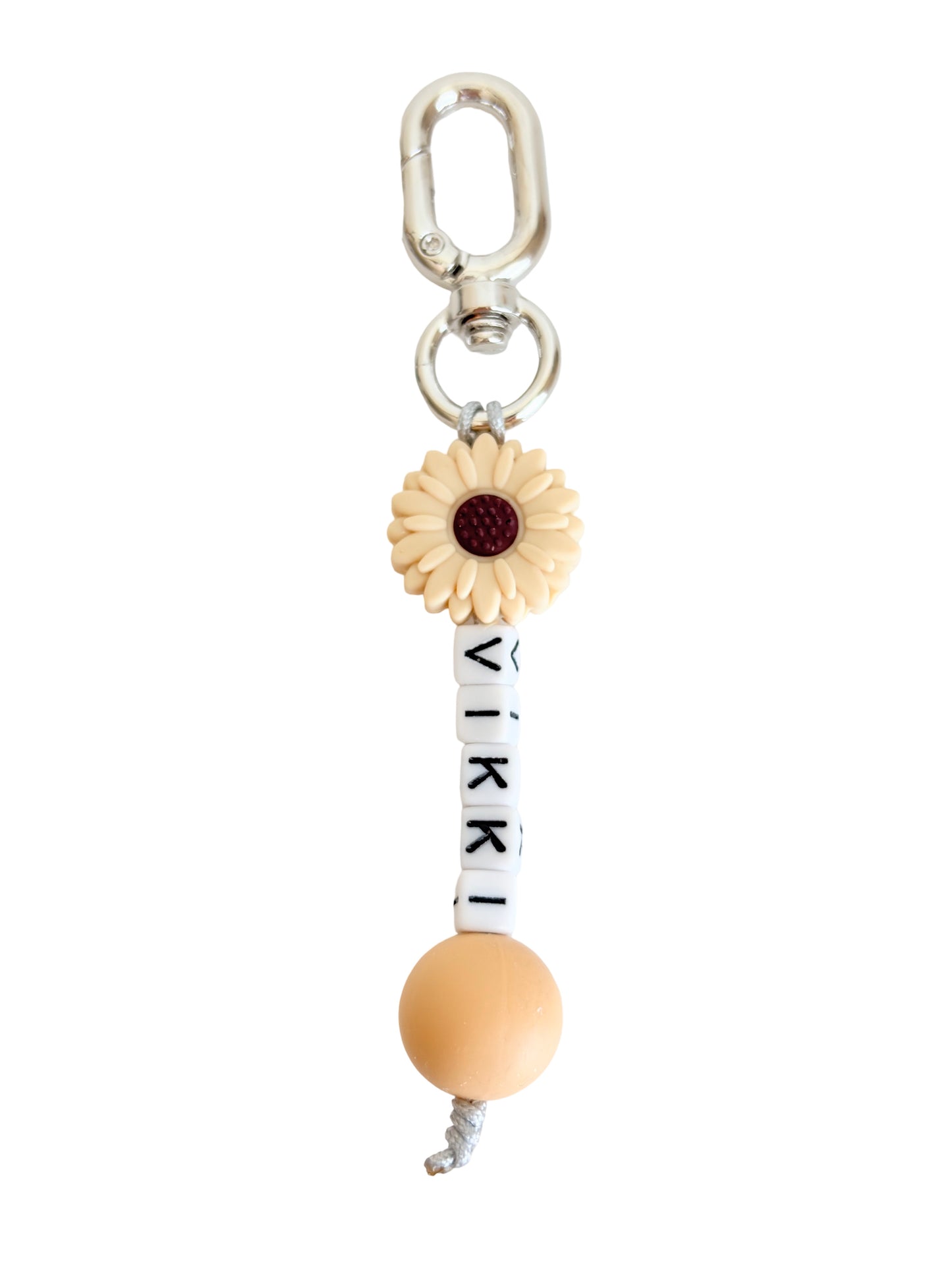 Personalized Name Bag Charm with Silicone Bead & Daisy Flower