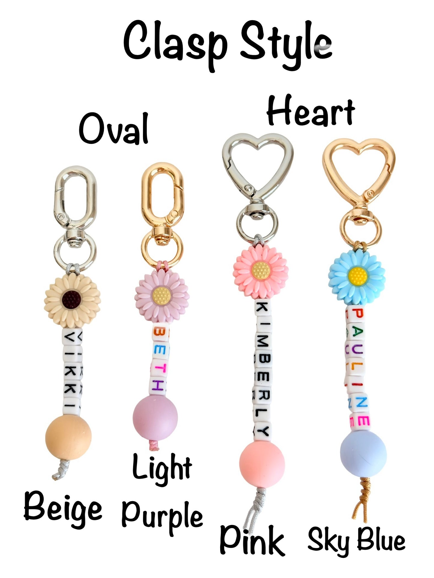 Personalized Name Bag Charm with Silicone Bead & Daisy Flower