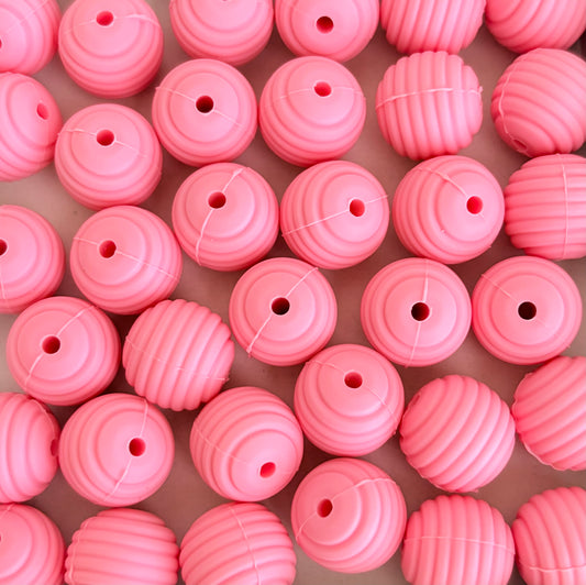 15mm Bright Pink Ribbed Silicone Beads • Round Textured Beads (Sold Per Piece) for Jewelry Making, Keychains & DIY Crafts