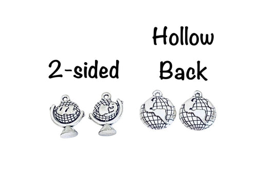 Base Metal World Globe Charms (2-sided • Hollow Back)