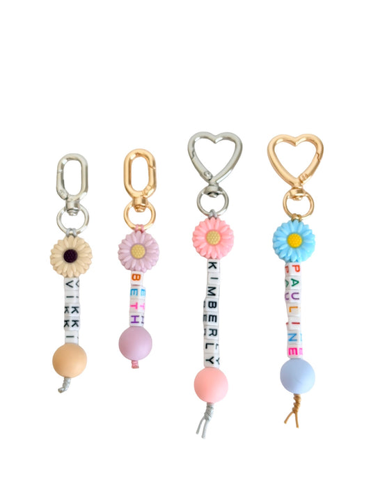 Personalized Name Bag Charm with Silicone Bead & Daisy Flower