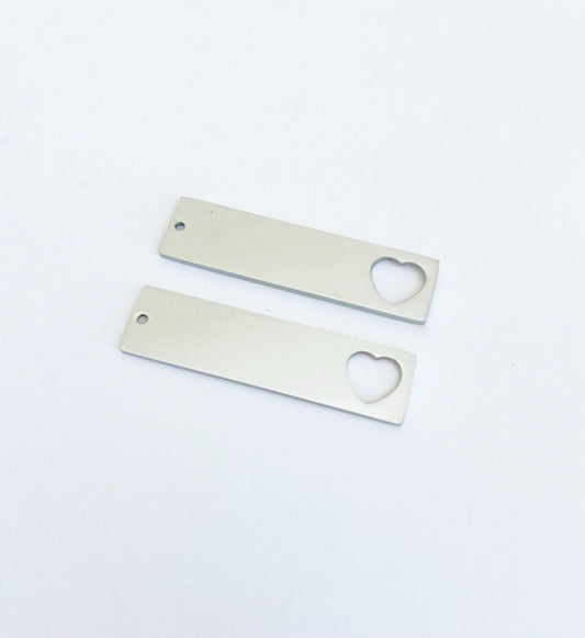 Stainless Steel Long Bar Blank with Heart Cutout - Polished Finish • Engravable Bar Pendant ( 13mm x 50mm)