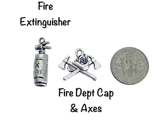 Base Metal Fire Fighter Charms (Fire Extinguisher • Dept Cap with Axes)