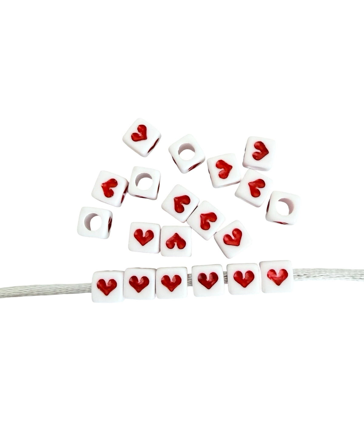 6mm Big Hole Acrylic Square Beads with Red Hearts • Heart Beads for Jewelry Making