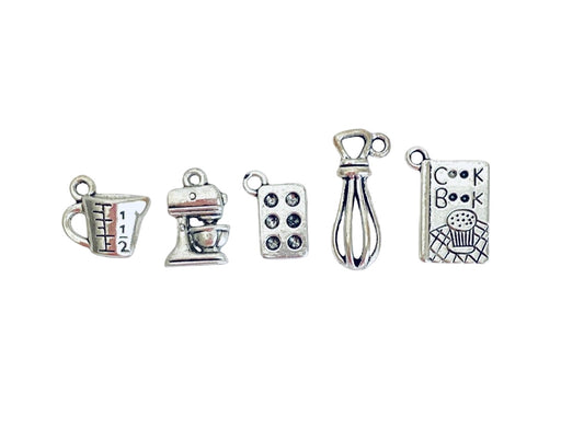 Base Metal Small Baking Charms (Tiny Measuring Cup • Stand Mixer • Muffin Pan • Whisk • Cookbook)
