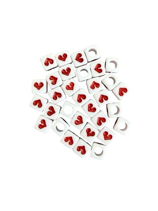 6mm Big Hole Acrylic Square Beads with Red Hearts • Heart Beads for Jewelry Making