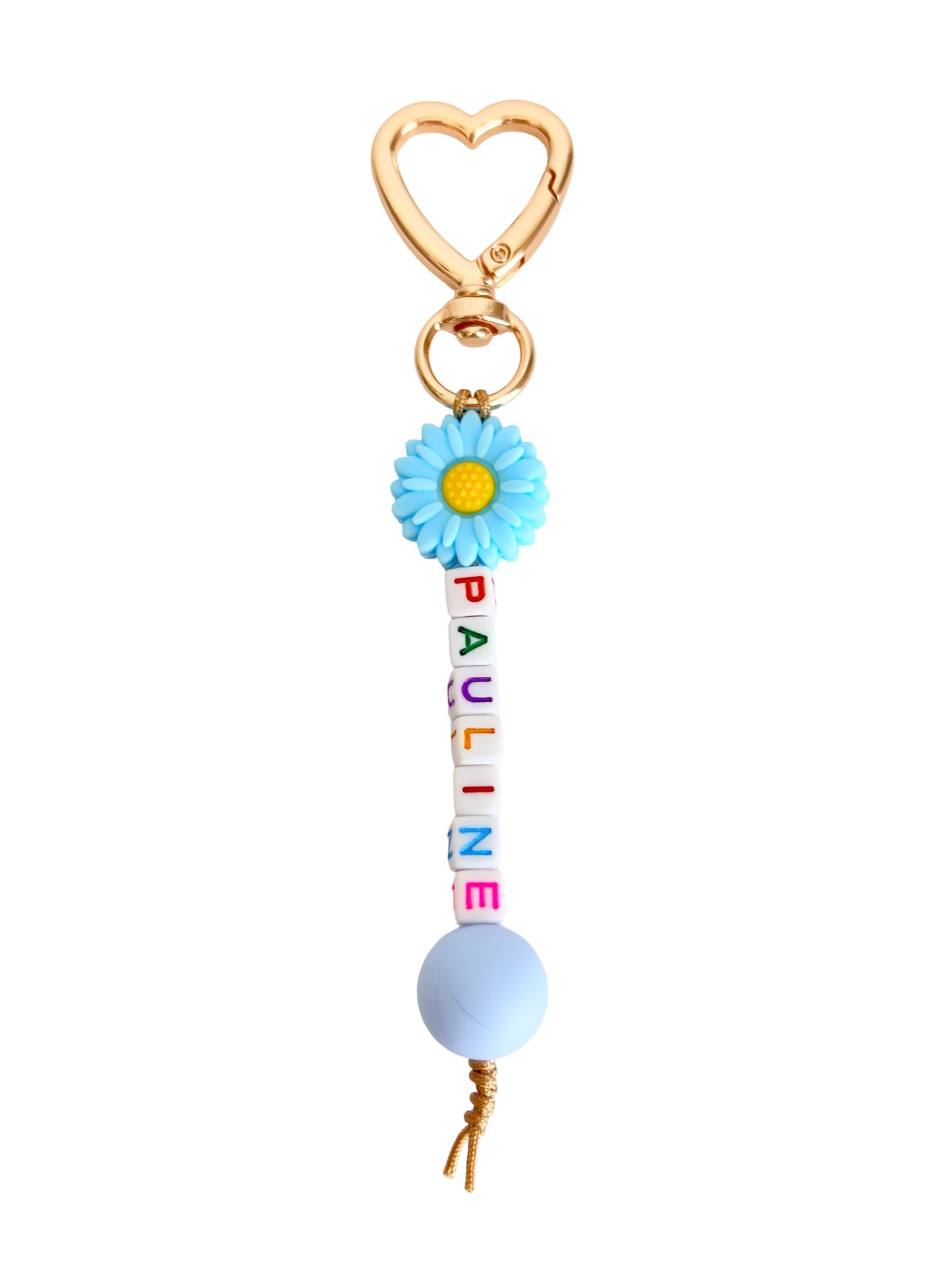 Personalized Name Bag Charm with Silicone Bead & Daisy Flower