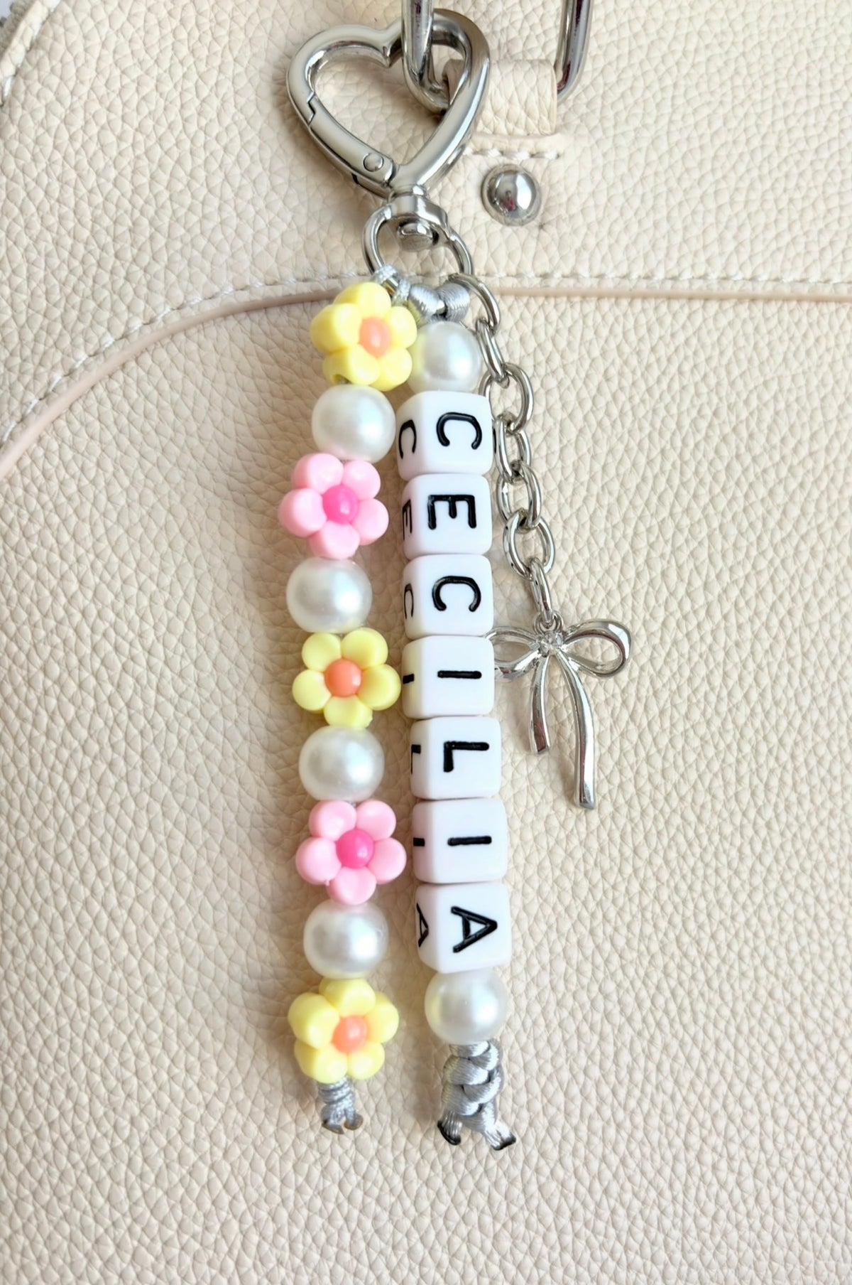 Personalized Flower Bag Charm with Acrylic Letter Beads and Faux Pearls • Beaded Purse Charm • Clip-On Bag Accessory