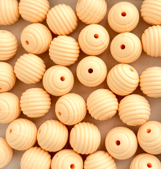 15mm Light Yellow Ribbed Silicone Beads • Round Textured Beads (Sold Per Piece) for Jewelry Making, Keychains & DIY Crafts