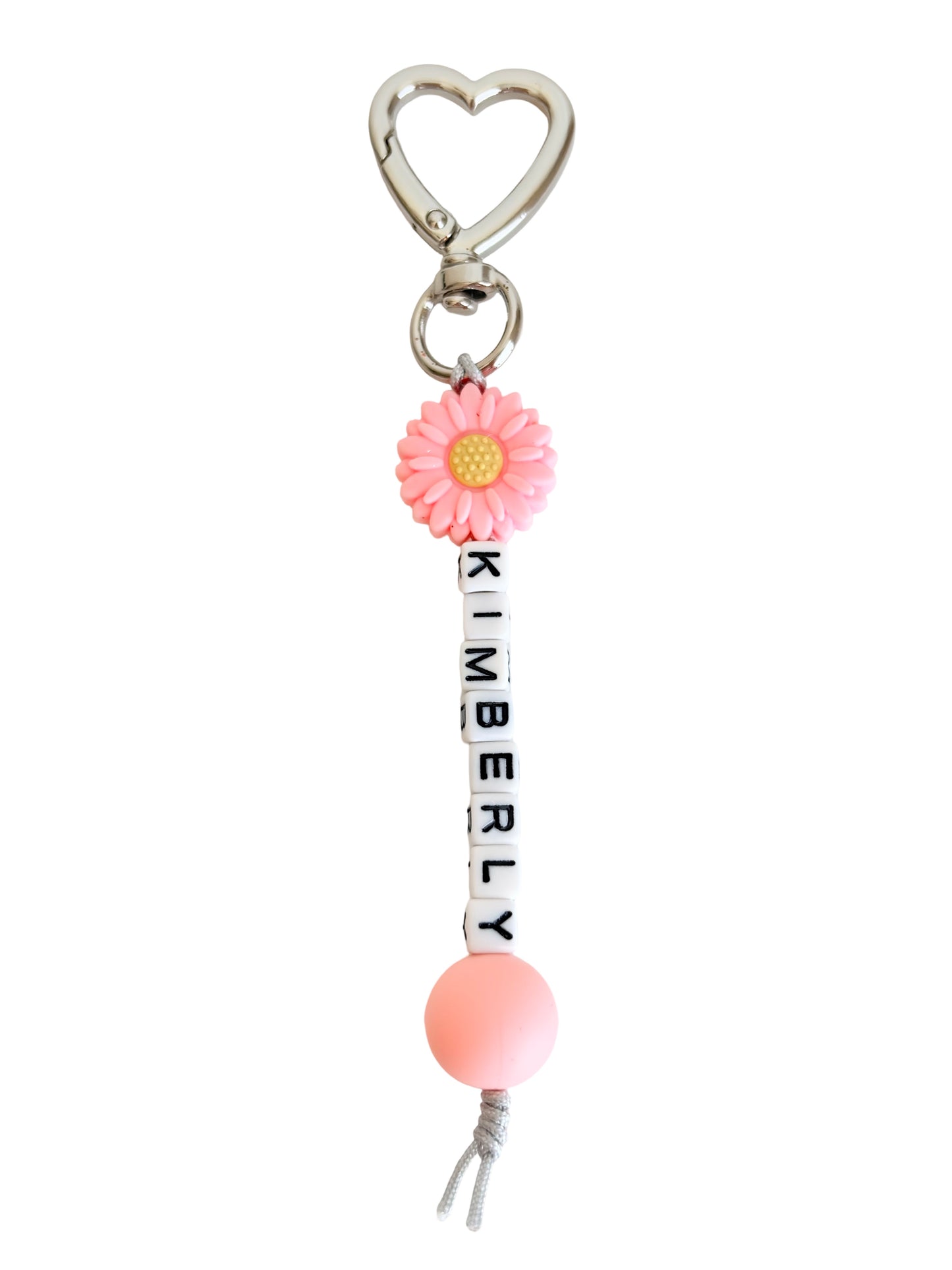 Personalized Name Bag Charm with Silicone Bead & Daisy Flower