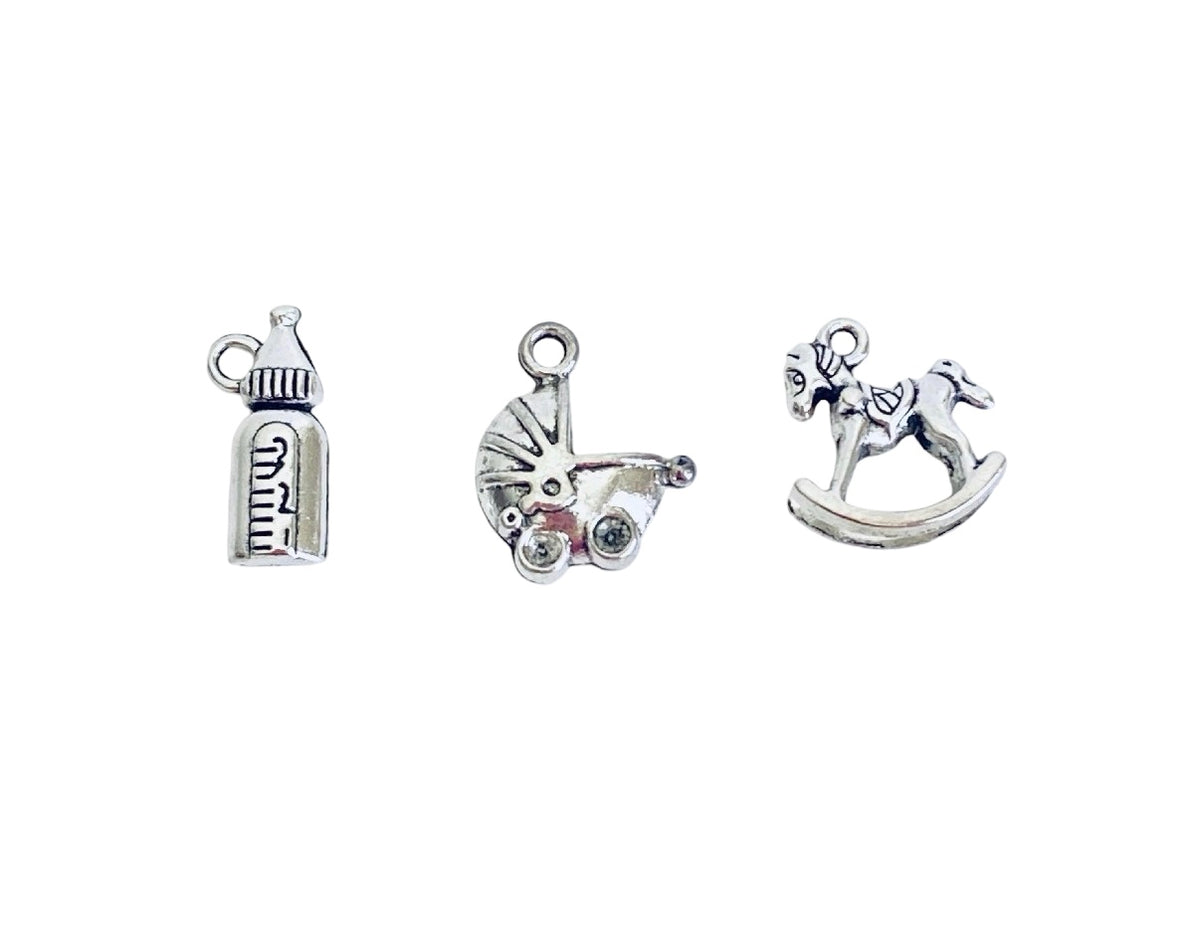 Base Metal Small Baby Charms (Milk Bottle • Baby Carriage • Rocking Horse)