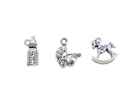 Base Metal Small Baby Charms (Milk Bottle • Baby Carriage • Rocking Horse)