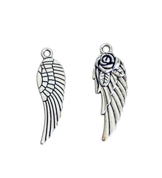 Base Metal Angel Wing Charms (Plain or with Rose)