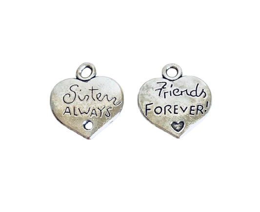 Base Metal Sisters Always, Friends Forever Heart Charms