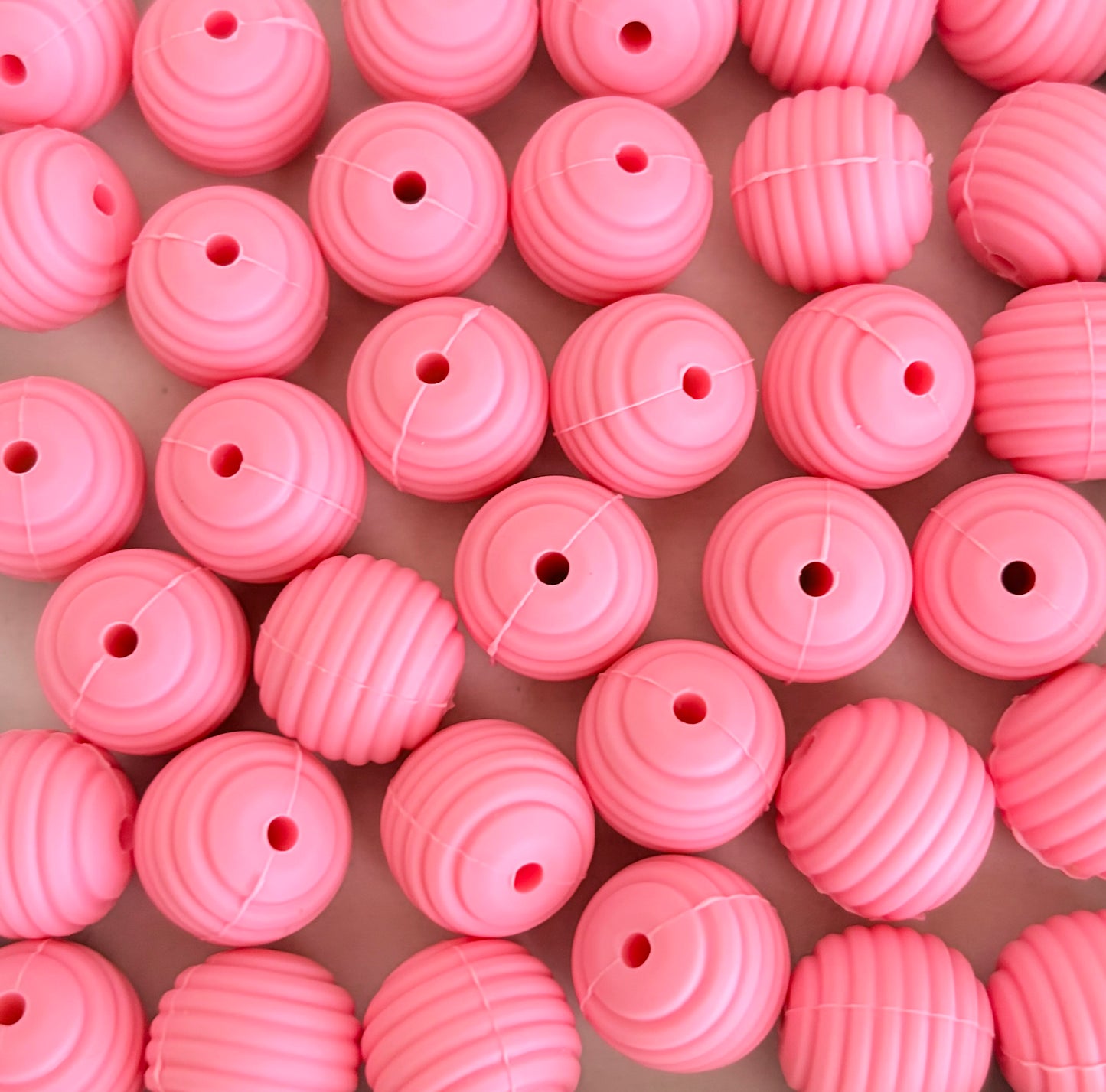 15mm Bright Pink Ribbed Silicone Beads • Round Textured Beads (Sold Per Piece) for Jewelry Making, Keychains & DIY Crafts