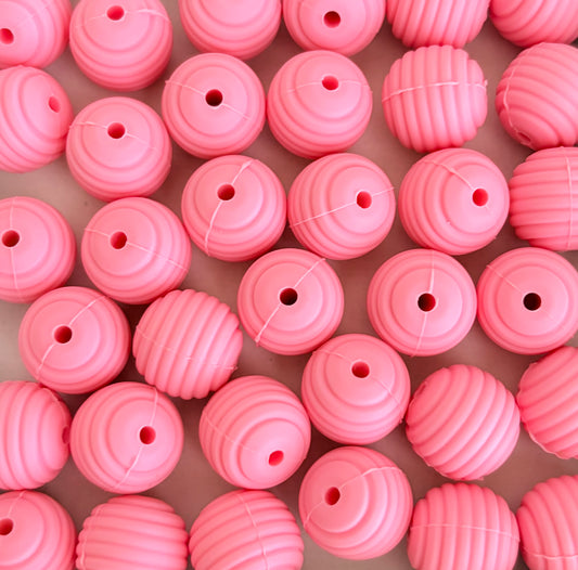 15mm Bright Pink Ribbed Silicone Beads • Round Textured Beads (Sold Per Piece) for Jewelry Making, Keychains & DIY Crafts