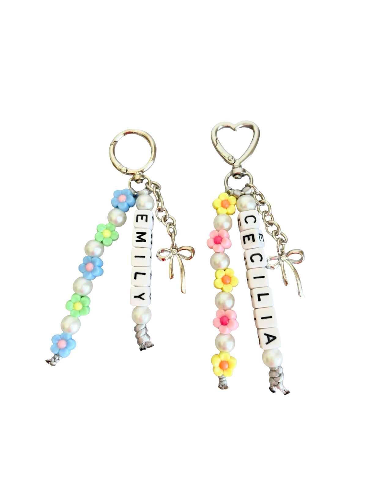 Personalized Flower Bag Charm with Acrylic Letter Beads and Faux Pearls • Beaded Purse Charm • Clip-On Bag Accessory
