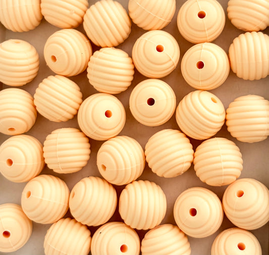 15mm Light Yellow Ribbed Silicone Beads • Round Textured Beads (Sold Per Piece) for Jewelry Making, Keychains & DIY Crafts