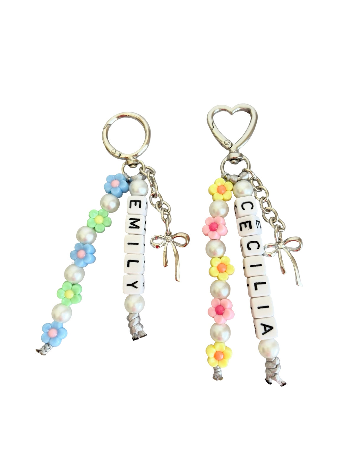 Personalized Flower Bag Charm with Acrylic Letter Beads and Faux Pearls • Beaded Purse Charm • Clip-On Bag Accessory