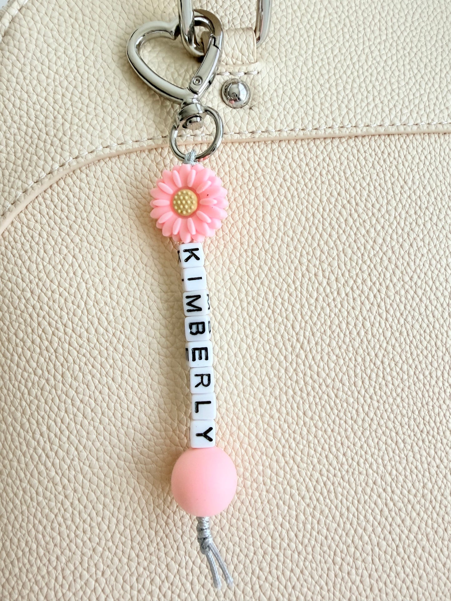 Personalized Name Bag Charm with Silicone Bead & Daisy Flower