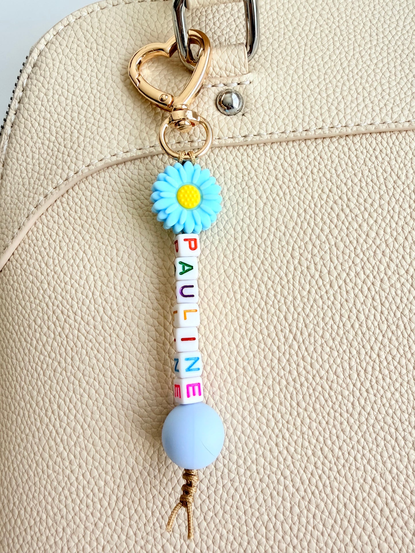 Personalized Name Bag Charm with Silicone Bead & Daisy Flower