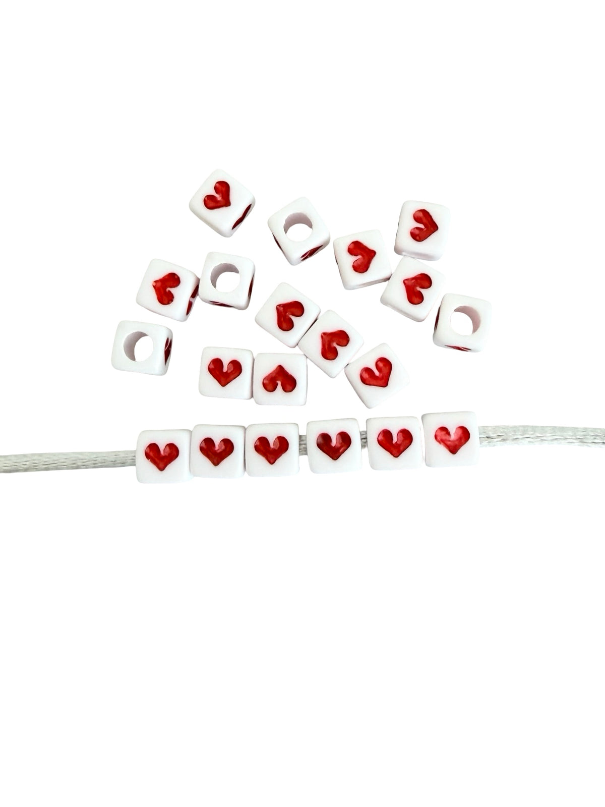 6mm Big Hole Acrylic Square Beads with Red Hearts • Heart Beads for Jewelry Making