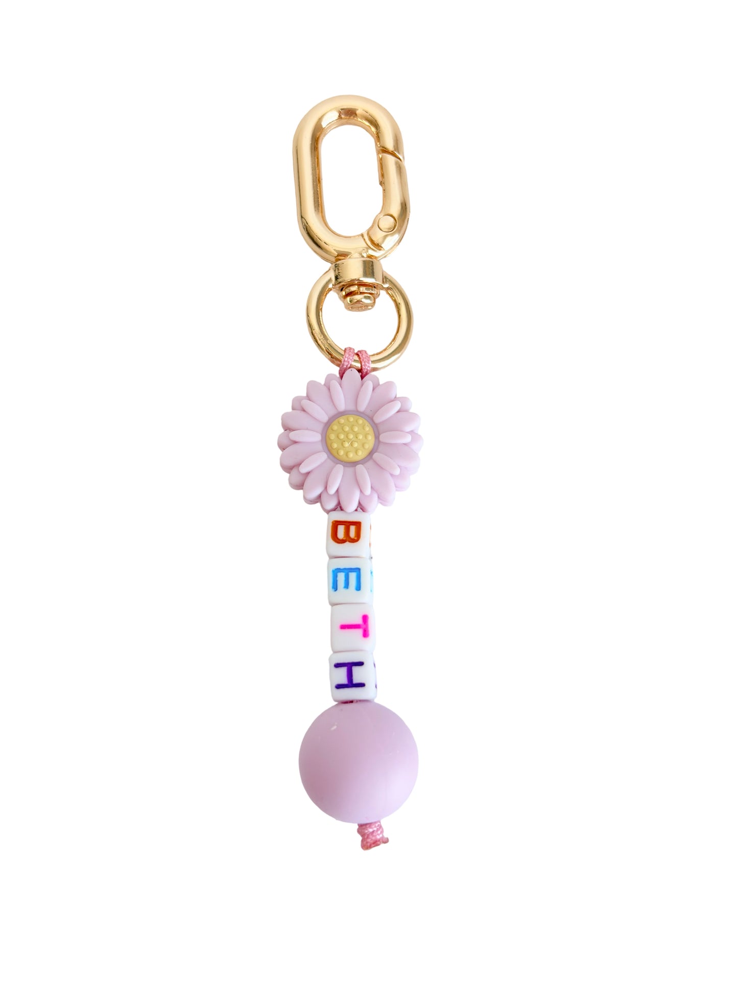 Personalized Name Bag Charm with Silicone Bead & Daisy Flower