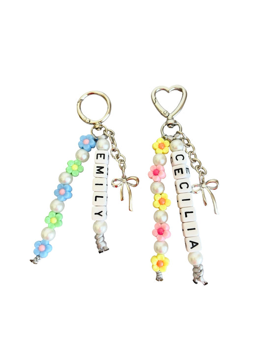 Personalized Flower Bag Charm with Acrylic Letter Beads and Faux Pearls • Beaded Purse Charm • Clip-On Bag Accessory