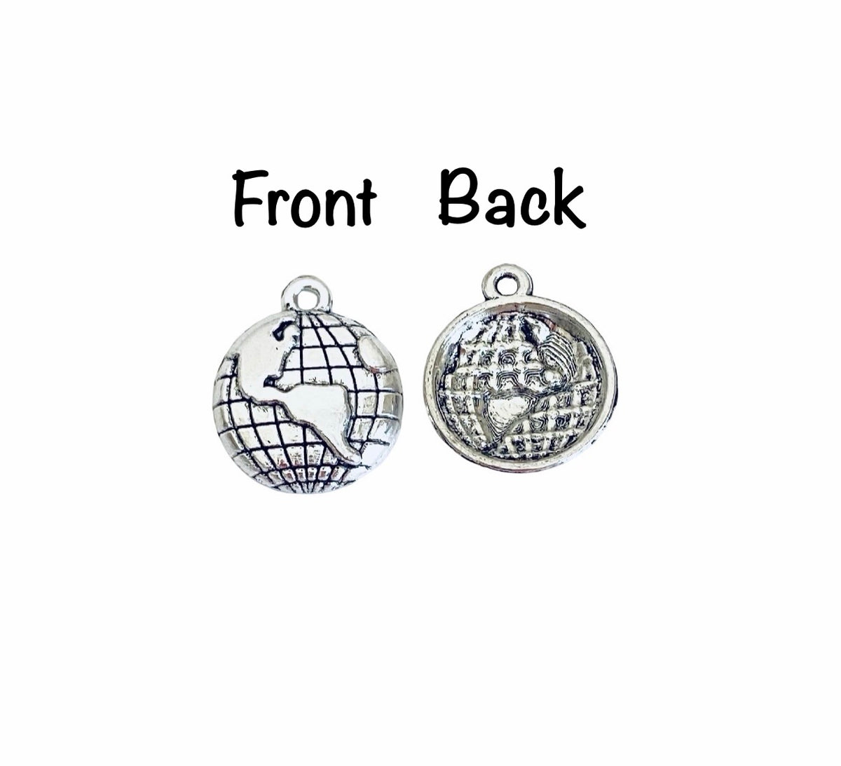 Base Metal World Globe Charms (2-sided • Hollow Back)