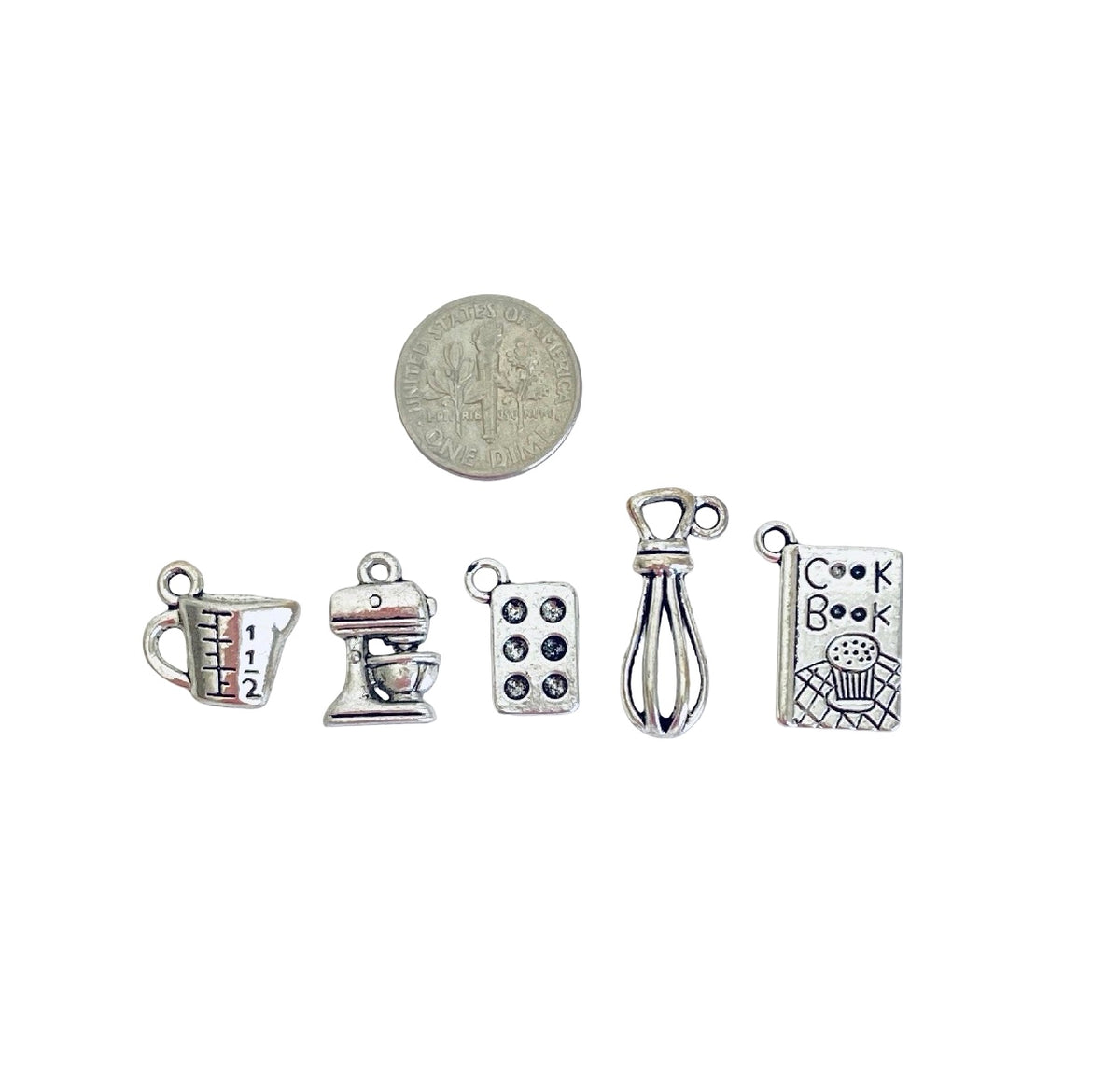 Base Metal Small Baking Charms (Tiny Measuring Cup • Stand Mixer • Muffin Pan • Whisk • Cookbook)