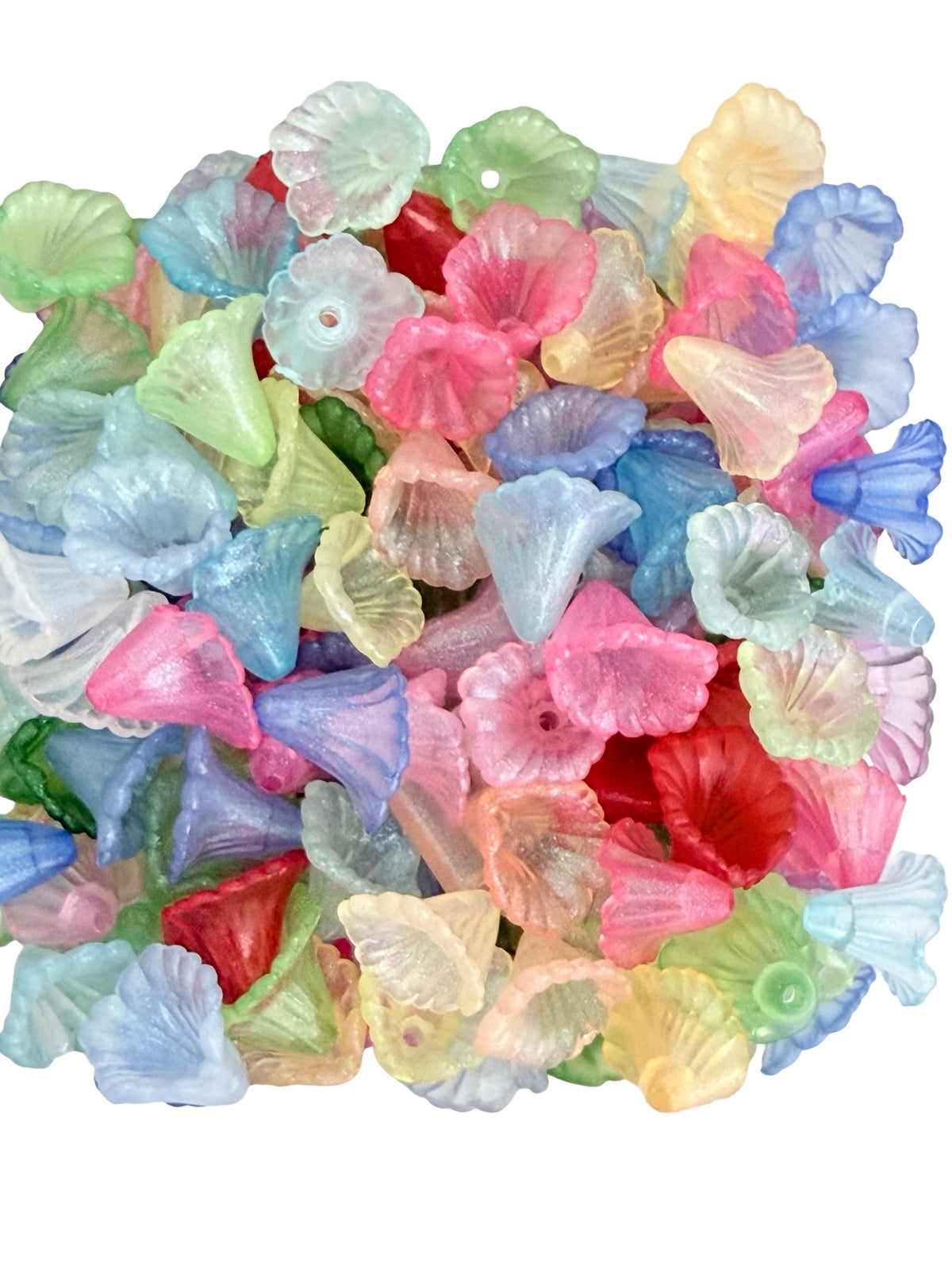 11mm Small Acrylic Trumpet Flower Beads • Random Mix Colors • Transparent or Frosted with Gold Dust • Mini Floral Beads for Jewelry Making & Crafts