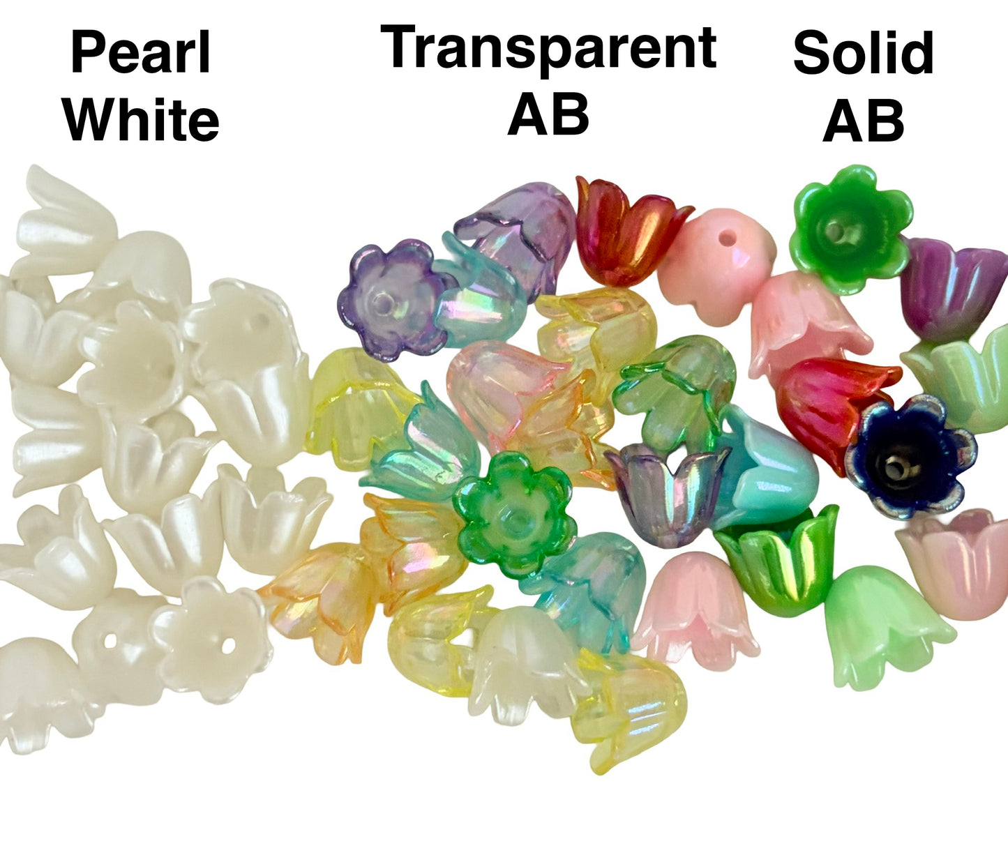 Acrylic Tulip Flower Beads • Pearl White, Transparent AB or Solid AB Colors, Floral Beads for Jewelry Making