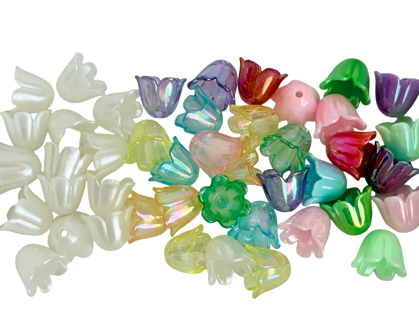 Acrylic Tulip Flower Beads • Pearl White, Transparent AB or Solid AB Colors, Floral Beads for Jewelry Making