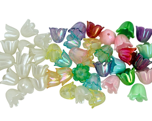 Acrylic Tulip Flower Beads • Pearl White, Transparent AB or Solid AB Colors, Floral Beads for Jewelry Making