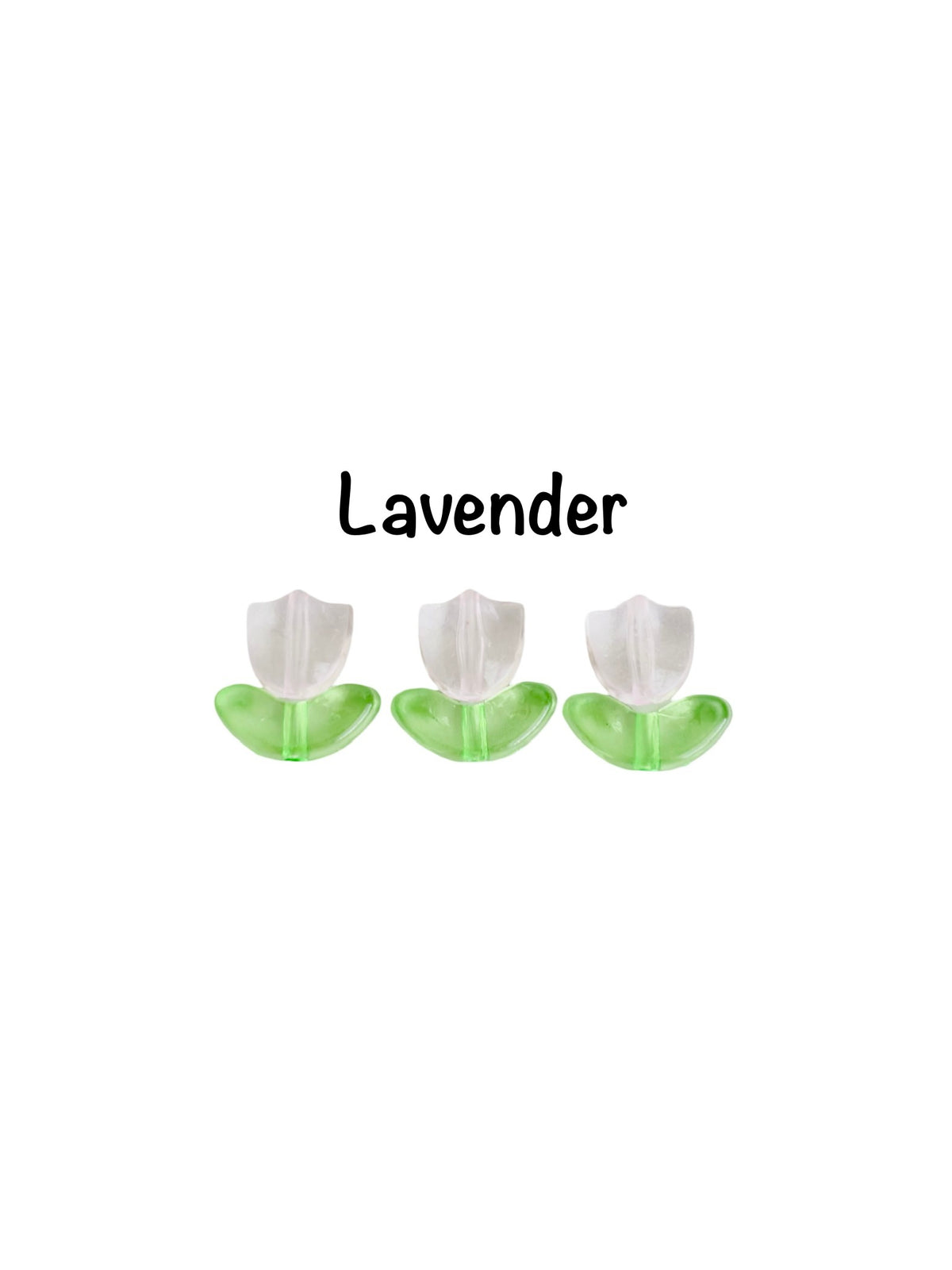 Three small lavender tulip-shaped accessories arranged in a row on a white background, with the word 'Lavender' printed above them.