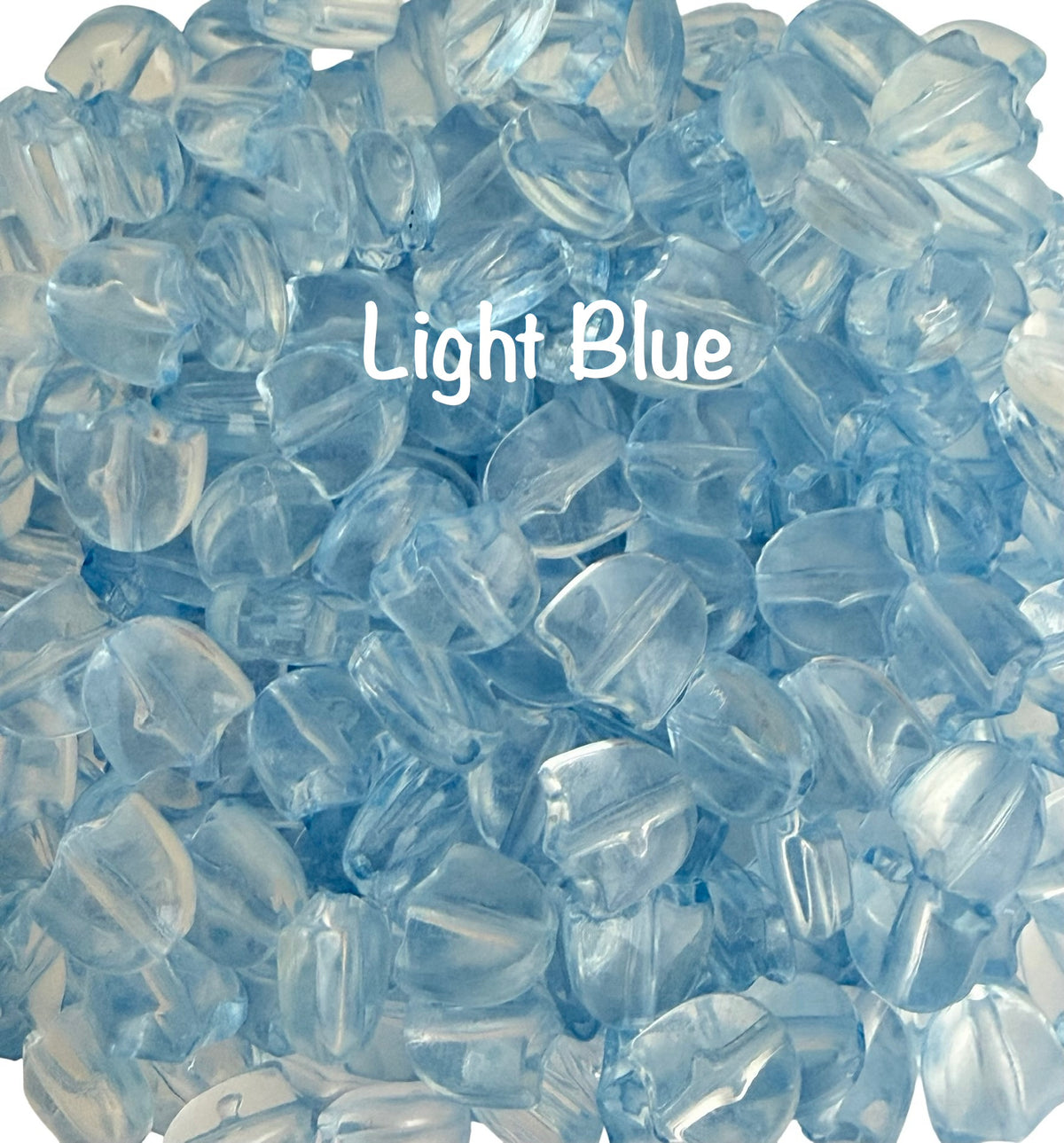 A pile of light blue translucent decorative beads with a white text overlay reading 'Light Blue'.