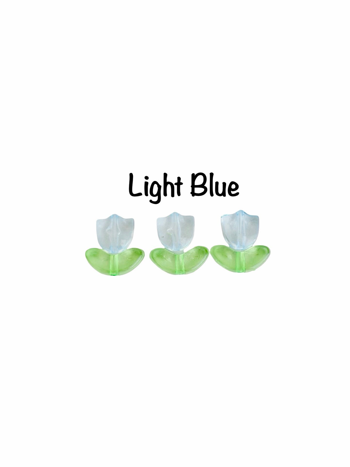 Three tulip-shaped light blue and green decorative items arranged horizontally on a white background, with the text 'Light Blue' above them.