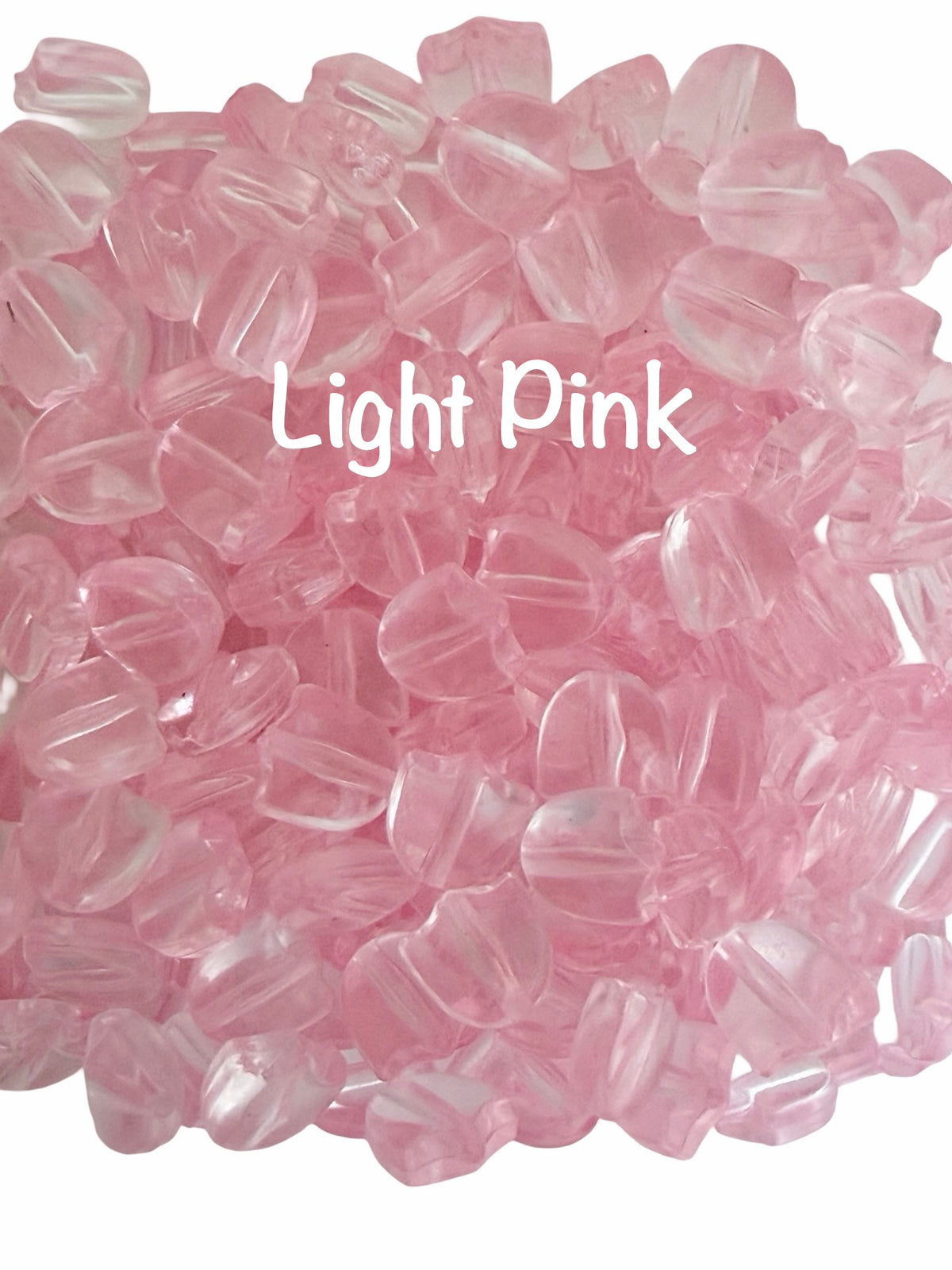A pile of light pink faceted glass beads with the text 'Light Pink' overlaid in the center, set against a plain white background.