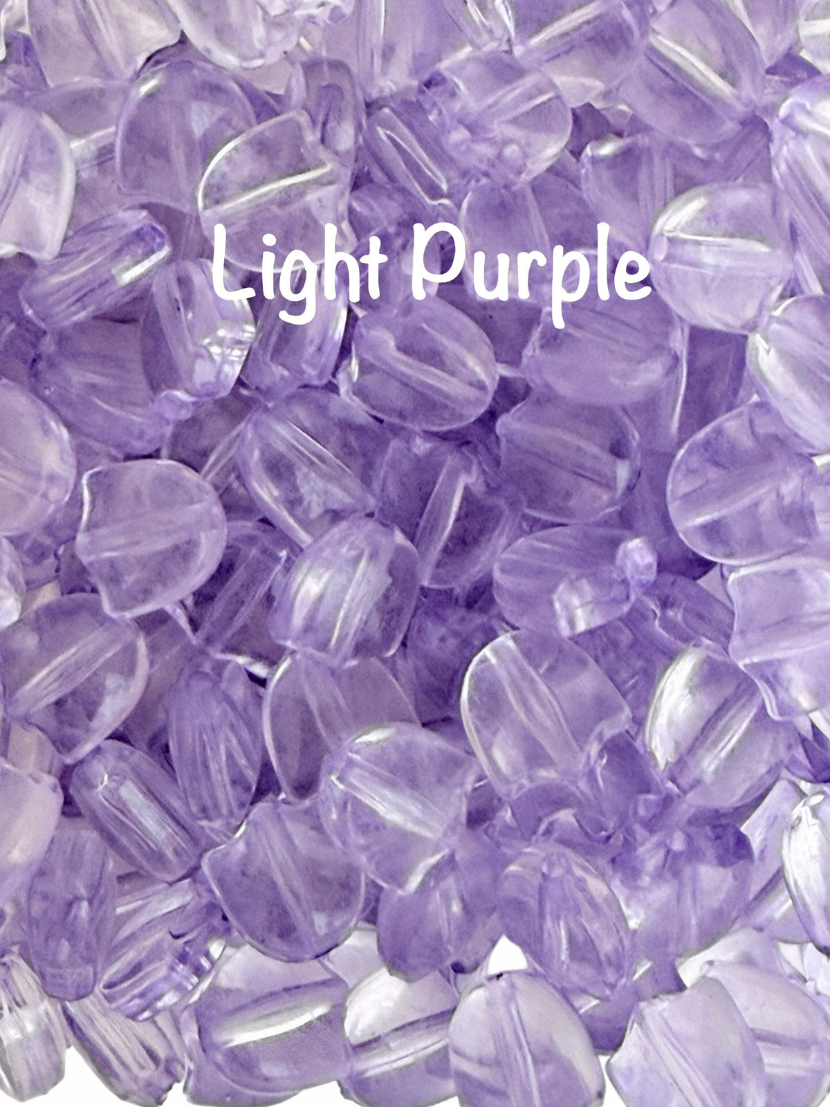 A close-up pile of light purple translucent oval beads with a white text overlay reading 'Light Purple'.