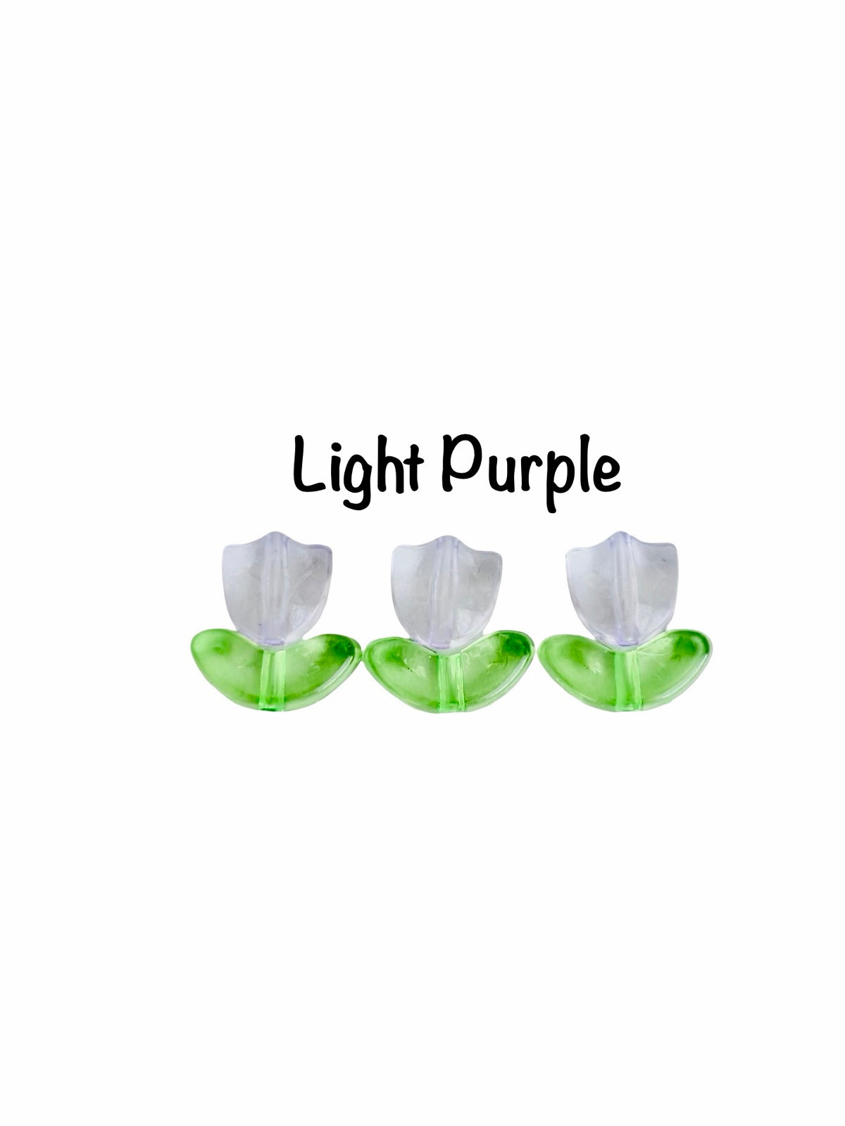 Three tulip-shaped flower caps in light purple, with white petals and green sepals, shown below the text 'Light Purple' on a plain white background.