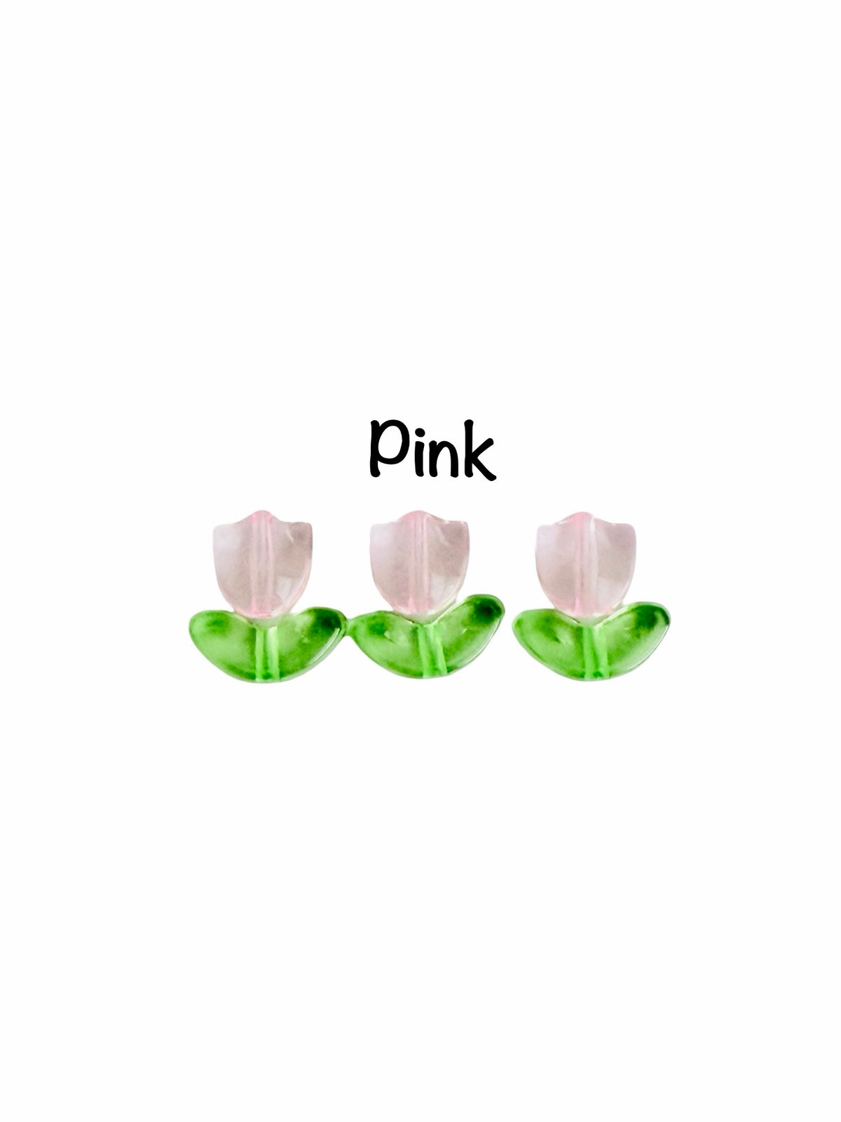 Three tulip-shaped stud earrings in pink and green, arranged horizontally on a white background with the word 'Pink' printed above them.