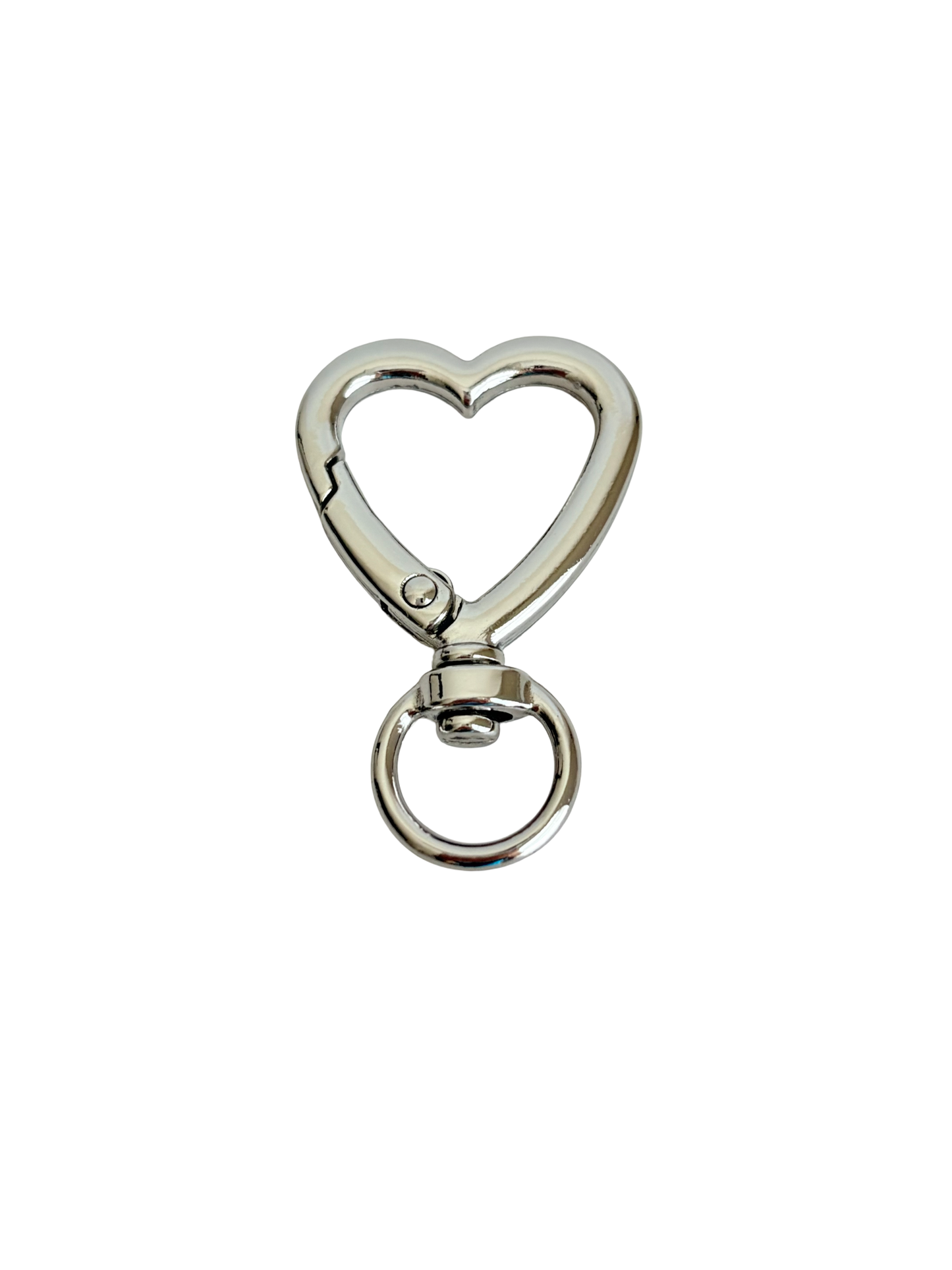 Metallic heart-shaped keychain clasp on a white background